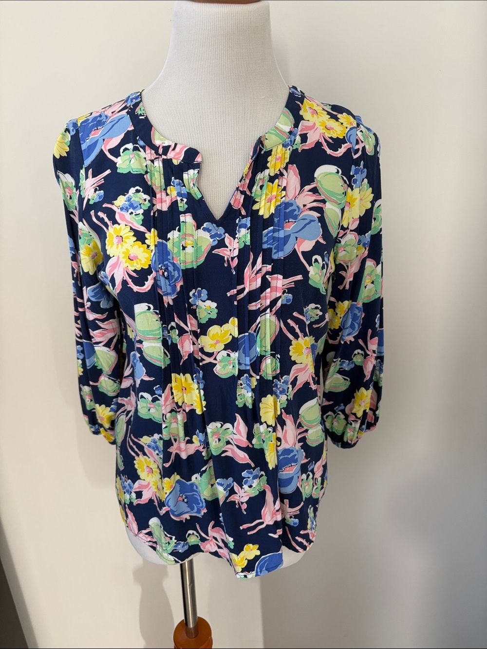 Talbots Navy Floral Pintuck Split-Neck Blouse.